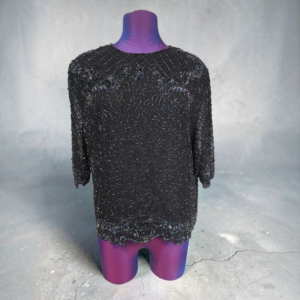 Justine Todd Vintage Black Beaded Silk Top Iridescent Sequins Medium Vintage